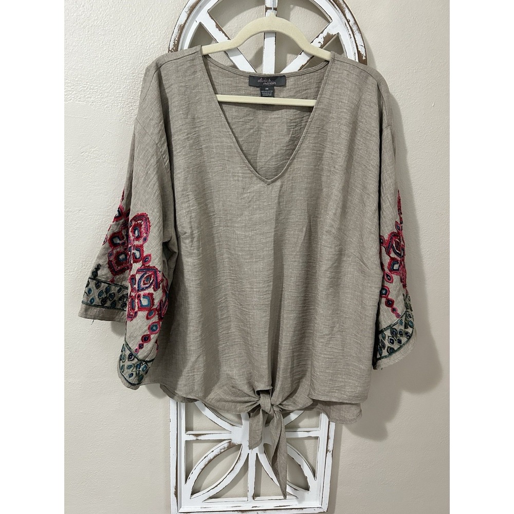 Olivia & Martin Embroidered Tie Front Blouse Size 2xl Boho Festival *128